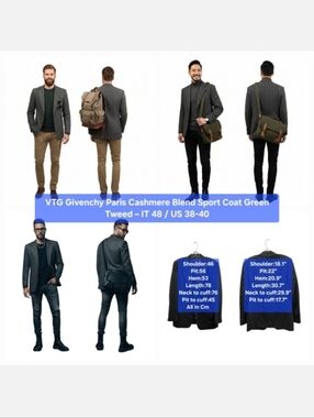 VTG Givenchy Paris Cashmere Blend Sport Coat Green Tweed Size IT 48 / US 38-40